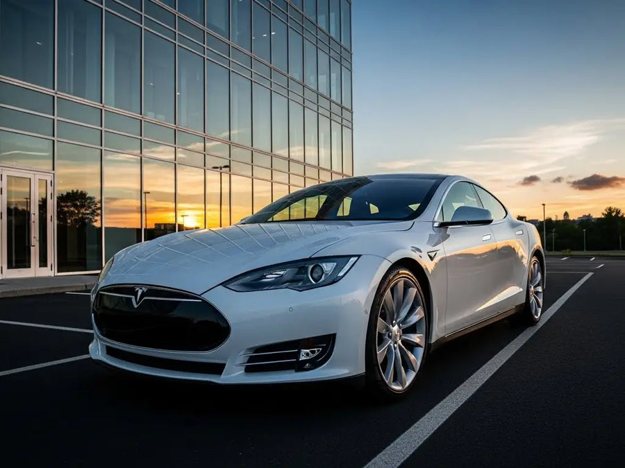 Tesla S wrapped in Hexis Gloss HX20000 Mountain Peak White vinyl wrap HX20012B