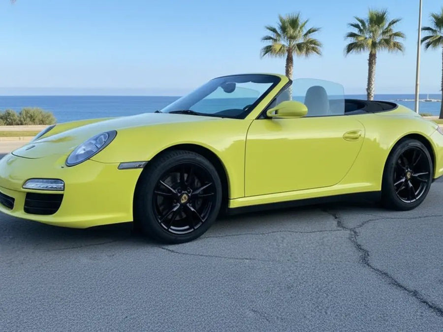 Porsche 911 Cabriolet wrapped in Hexis Gloss HX20000 Lemon Yellow vinyl wrap HX20108B