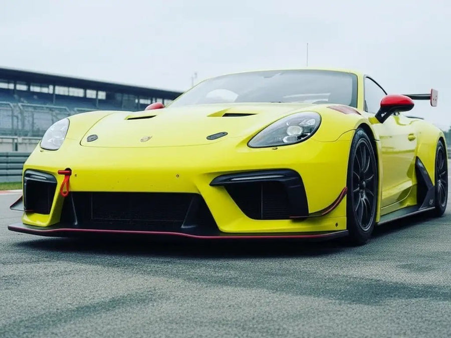 Porsche 718 Cayman GT4 RS wrapped in Hexis Gloss HX20000 Lemon Yellow automotive vinyl film HX20108B