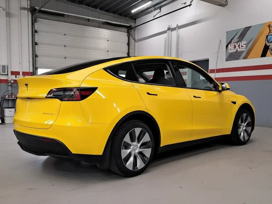 DIY Tesla Y wrapped in Gloss HX20000 Sun Yellow vinyl wrap HX20109B detail
