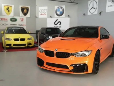 BMW M4 wrapped in Hexis Gloss HX20000 Orange Red restyling film HX20165B