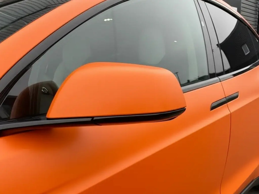 DIY Tesla X wrapped in Matte HX20000 Mandarin Red vinyl wrap HX20165M