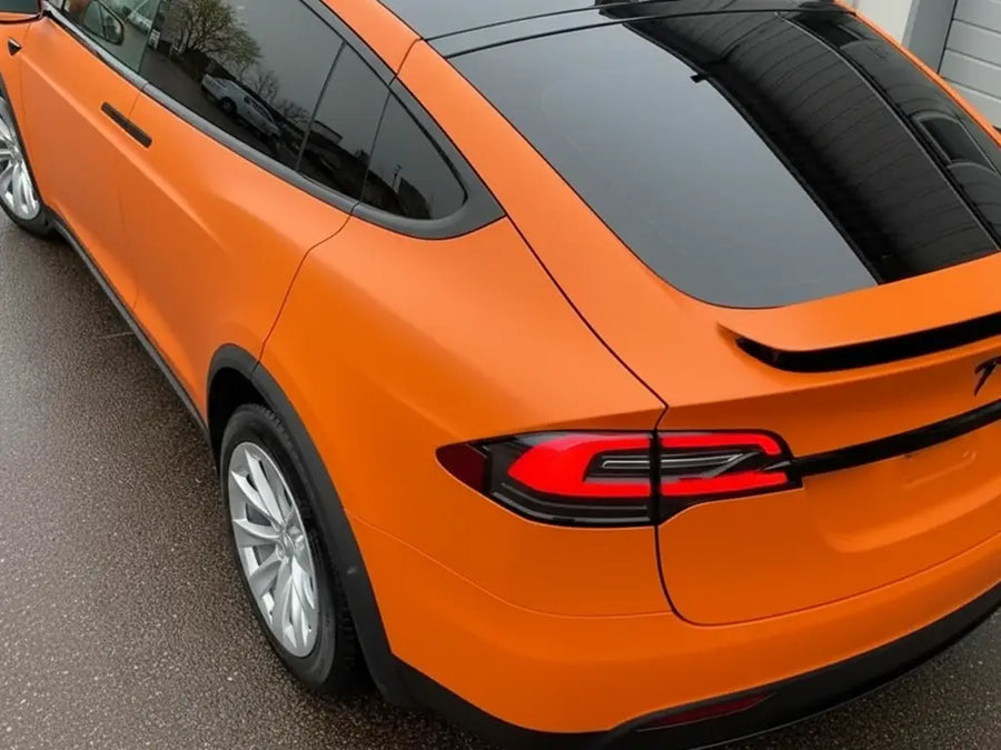 Tesla X wrapped in Hexis Matte HX20000 Mandarin Red car wrap film HX20165M