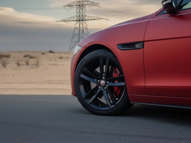 Jaguar XE wrapped in Satin HX20000 Red Aluminum wrap film HX20196S detail