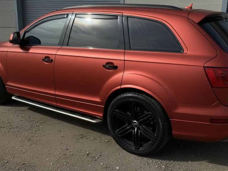 Audi Q7 wrapped in Hexis Satin HX20000 Red Aluminum vinyl wrap HX20196S detail