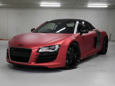 Audi R8 wrapped in Hexis Satin HX20000 Red Aluminum automotive vinyl film HX20196S