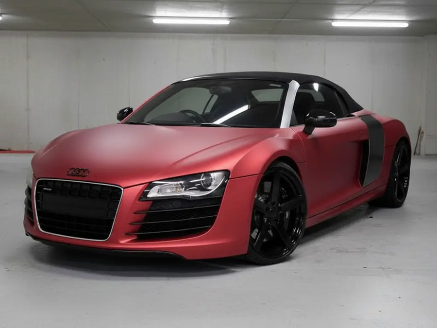 Audi R8 wrapped in Hexis Satin HX20000 Red Aluminum automotive vinyl film HX20196S