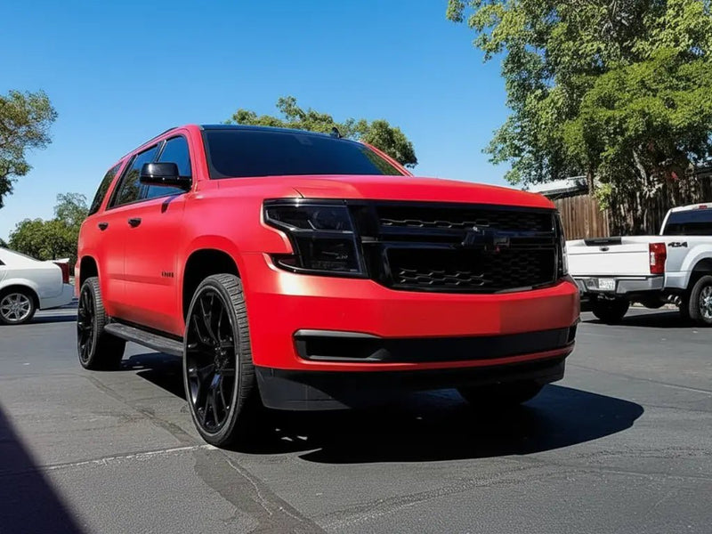 DIY Chevrolet Tahoe wrapped in Matte HX20000 Blood Red automotive vinyl film HX20200M