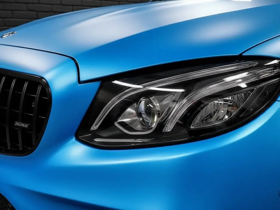 Mercedes-Benz wrapped in Hexis Satin HX20000 Ara Blue wrap film HX20219S