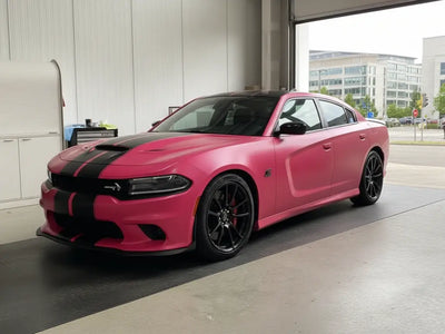 Dodge Charger wrapped in Hexis Matte HX20000 Fuchsia automotive vinyl film HX20220M detail