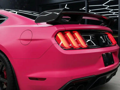 Ford Mustang wrapped in Hexis Matte HX20000 Fuchsia automotive vinyl film HX20220M