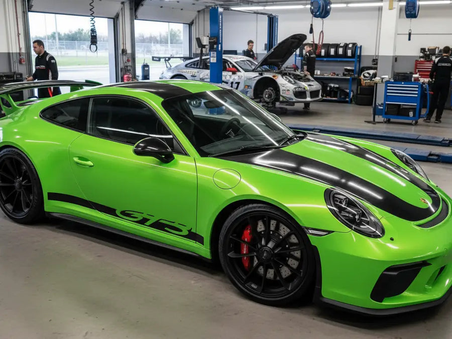 DIY Porsche 911 GT3 wrapped in Gloss HX20000 Wasabi Green restyling film HX20228B