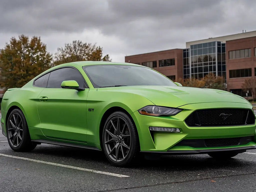 Ford Mustang GT wrapped in Hexis Matte HX20000 Wasabi Green restyling film HX20375M