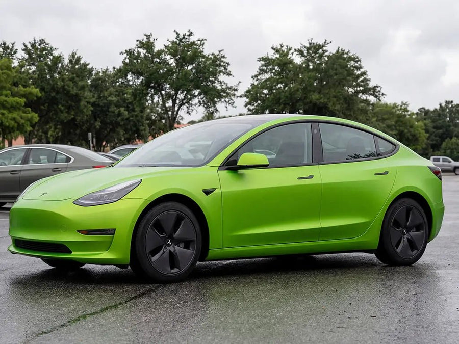 DIY Tesla 3 wrapped in Matte HX20000 Wasabi Green wrap film HX20375M