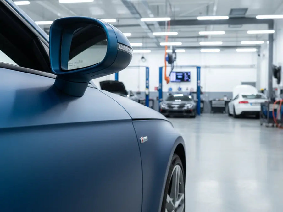 Audi wrapped in Hexis Satin HX20000 Metallic Celestial Blue automotive vinyl film HX20236S