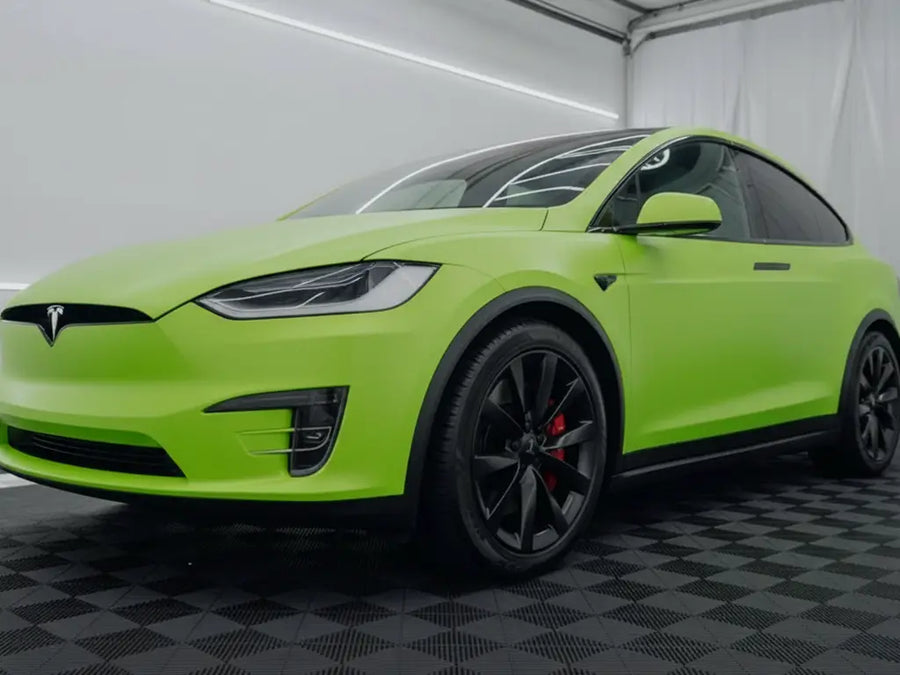 Tesla X wrapped in Hexis Satin HX20000 Acid Green restyling film HX20266S