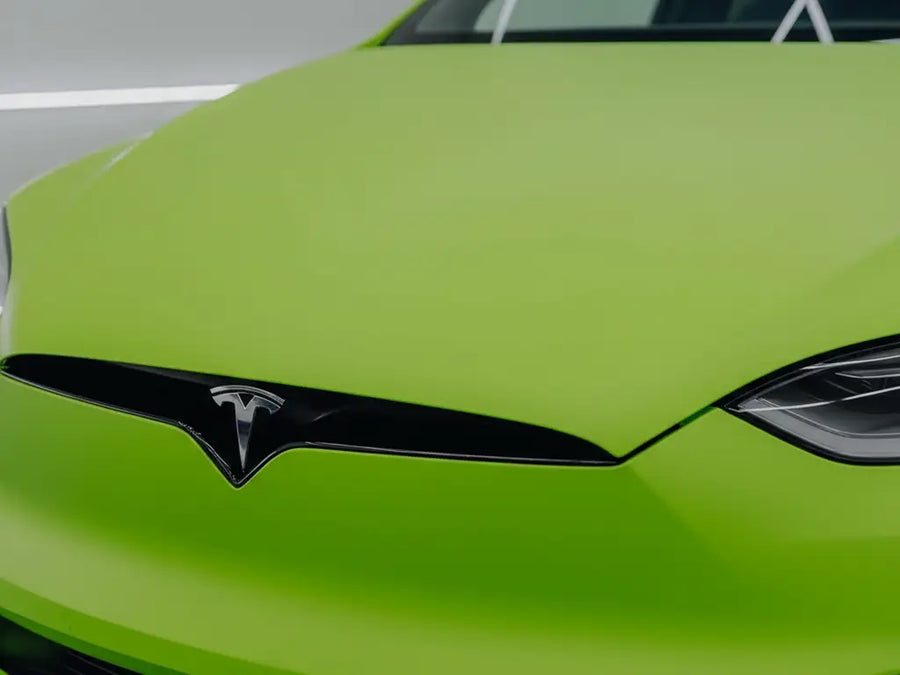 Tesla S wrapped in Hexis Satin HX20000 Acid Green wrap film HX20266S