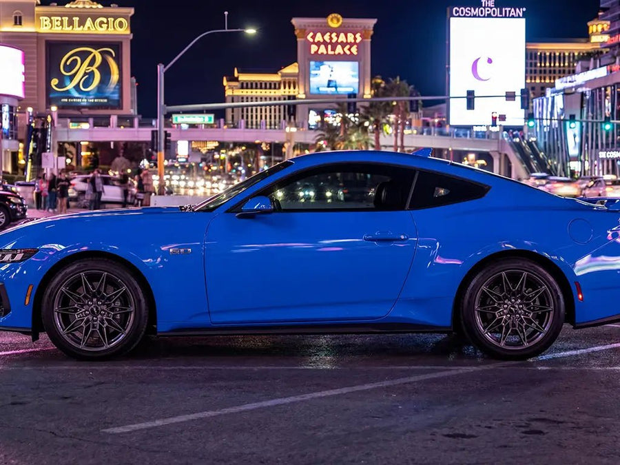 Ford Mustang wrapped in Hexis Gloss HX20000 Intense Blue automotive vinyl film HX20293B
