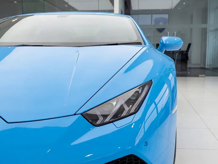 Lamborghini Huracán wrapped in Hexis Gloss HX20000 Montpellier Blue wrap film HX20299B
