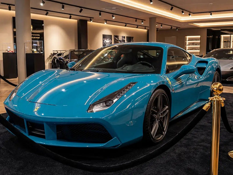 Ferrari 488 GTB wrapped in Hexis Gloss HX20000 Pigeon Blue car wrap film HX20315B