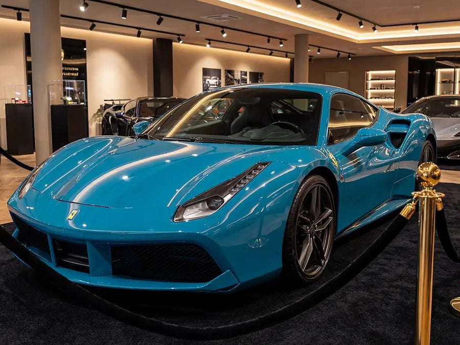 Ferrari 488 GTB wrapped in Hexis Gloss HX20000 Pigeon Blue car wrap film HX20315B