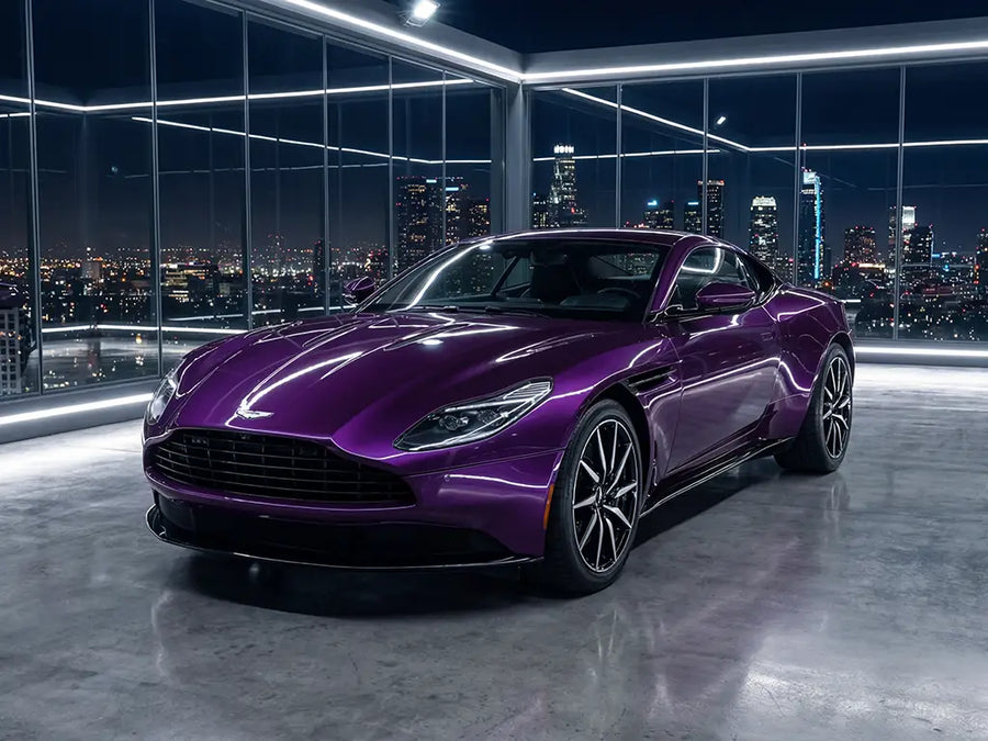 Aston Martin DB11 wrapped in Hexis Gloss HX20000 Elderberry Purple restyling film HX20352B