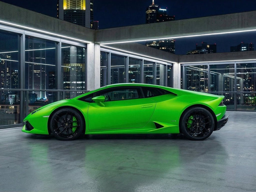 Lamborghini Huracán wrapped in Hexis Matte HX20000 Light Green automotive vinyl film HX20375M
