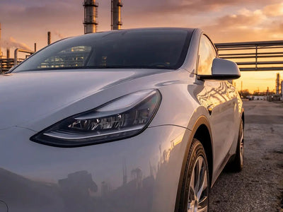 Tesla Y wrapped in Hexis Gloss HX20000 Cloud Grey automotive vinyl film HX20428B