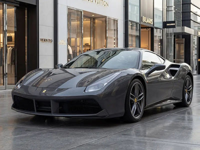 Ferrari 488 GTB wrapped in Hexis Gloss HX20000 Dark Grey restyling film HX20432B