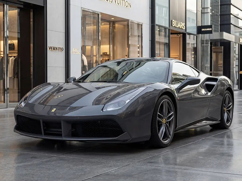 Ferrari 488 GTB wrapped in Hexis Gloss HX20000 Dark Grey restyling film HX20432B