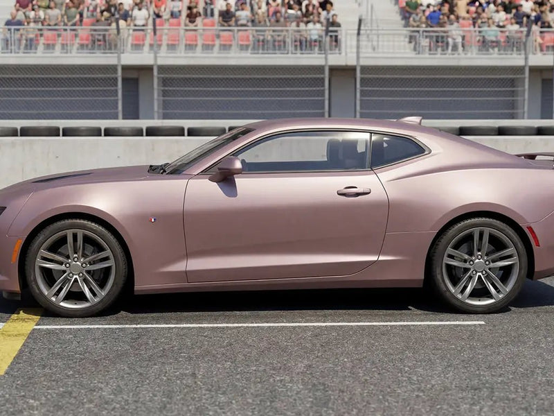 Chevrolet Camaro wrapped in Matte HX20000 Metallic Cinder Rose car wrap film HX20437M
