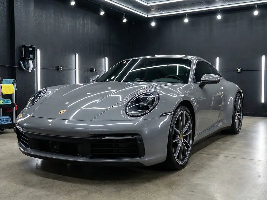 Porsche 911 wrapped in Hexis Gloss HX20000 Pearl Grey automotive vinyl film HX20445B