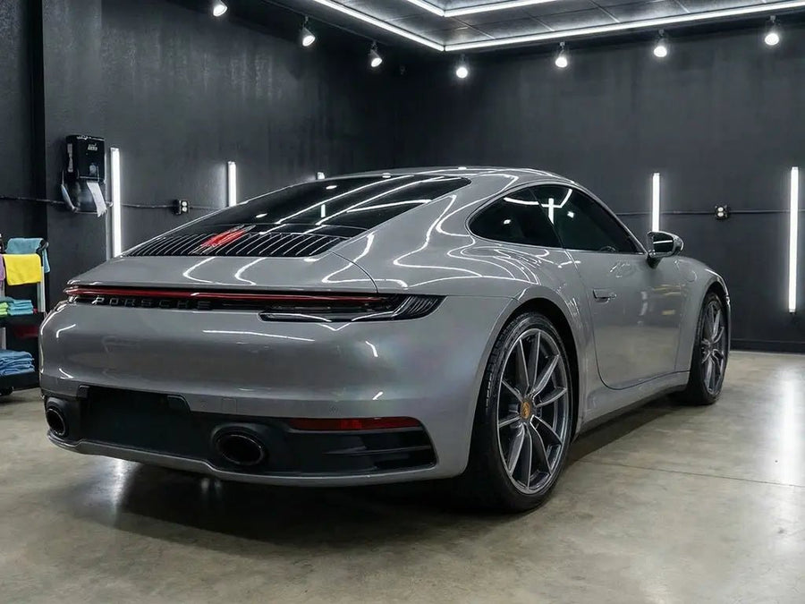Porsche 911 wrapped in Gloss HX20000 Pearl Grey automotive vinyl film HX20445B