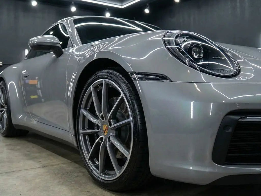 DIY Porsche 911 wrapped in Gloss HX20000 Pearl Grey restyling film HX20445B
