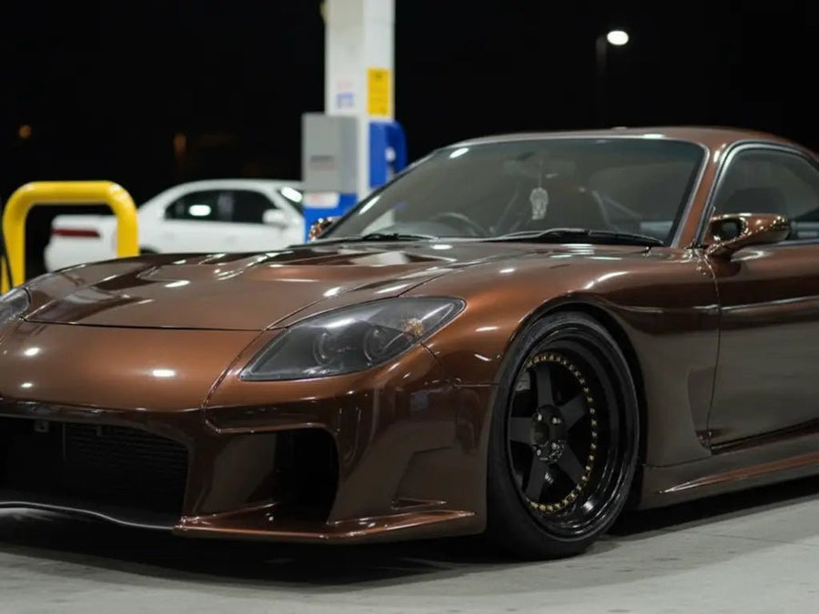 Mazda RX-7 wrapped in Hexis Gloss HX20000 Brown vinyl wrap HX20476B