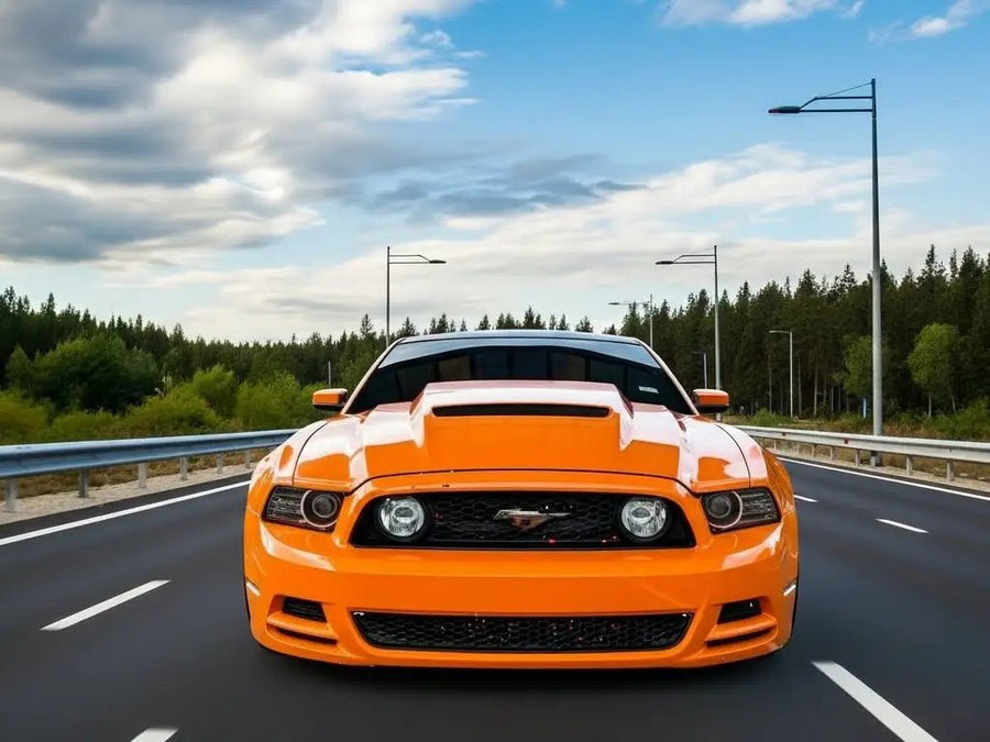 Ford Mustang wrapped in Hexis Gloss HX20000 Urban Orange car wrap film HX20495B