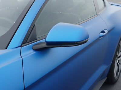 Ford Mustang wrapped in Hexis Satin HX20000 Racing Light Blue car wrap film HX20521S detail