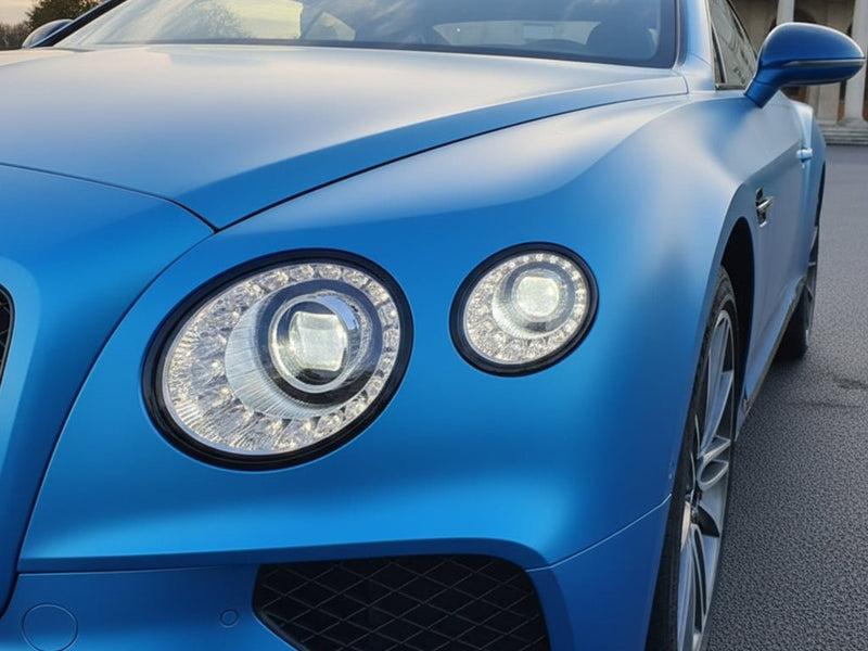 Bentley Continental GT wrapped in Hexis Satin HX20000 Racing Light Blue wrap film HX20521S