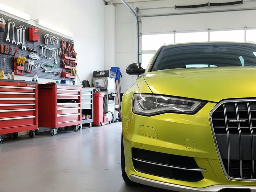 DIY Audi A4 wrapped in Gloss HX20000 Metallic Metallic Yellow restyling film HX20558B