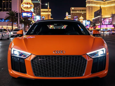 Audi R8 wrapped in Hexis Gloss HX20000 Orange Zenith automotive vinyl film HX20585B
