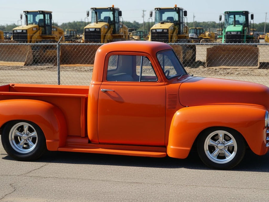 Chevrolet 3100 wrapped in Hexis Gloss HX20000 Orange Zenith vinyl wrap HX20585B
