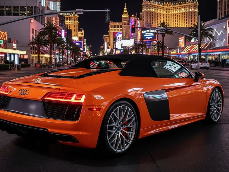 Audi R8 wrapped in Hexis Gloss HX20000 Orange Zenith restyling film HX20585B