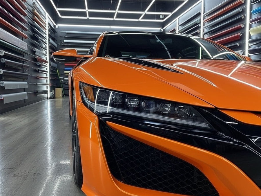 Acura NSX wrapped in Hexis Gloss HX20000 Orange Zenith vinyl wrap HX20585B