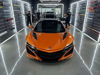 Acura NSX wrapped in Hexis Gloss HX20000 Orange Zenith vinyl wrap HX20585B detail
