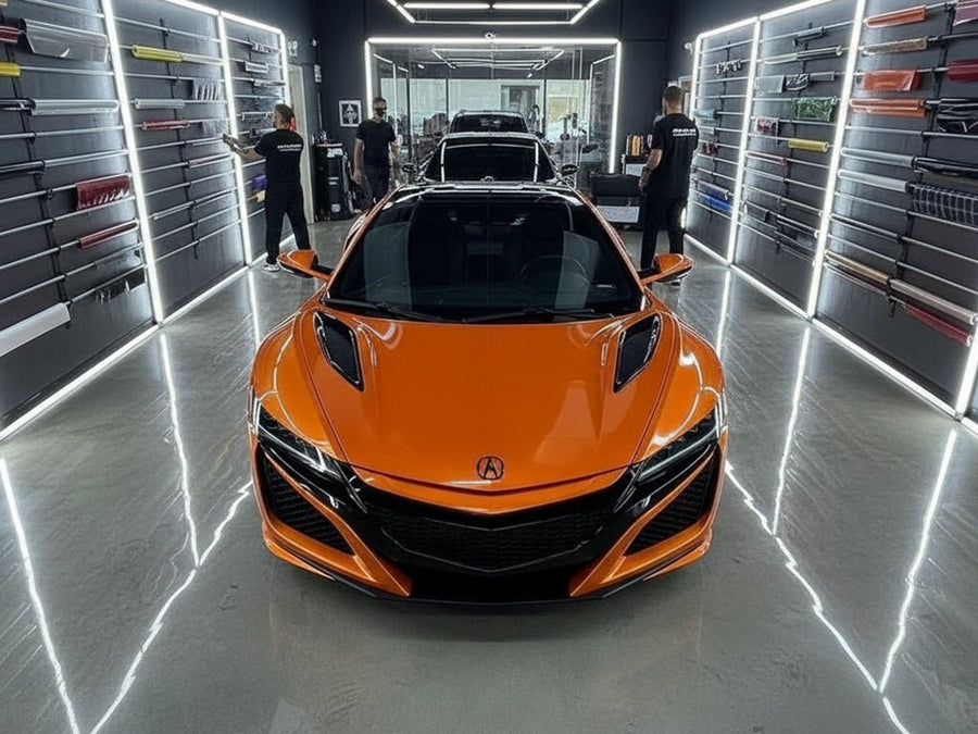 Acura NSX wrapped in Hexis Gloss HX20000 Orange Zenith vinyl wrap HX20585B detail