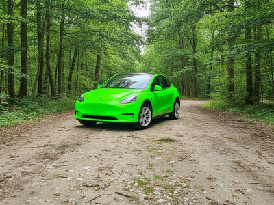 Tesla Y wrapped in Hexis Gloss HX20000 Fluorescent Green vinyl wrap HX20612B