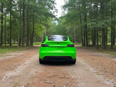 Tesla Y wrapped in Gloss HX20000 Fluorescent Green automotive vinyl film HX20612B