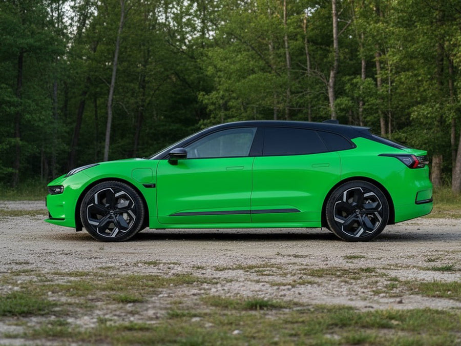 Zeekr 001 wrapped in Hexis Gloss HX20000 Fluorescent Green vinyl wrap HX20612B