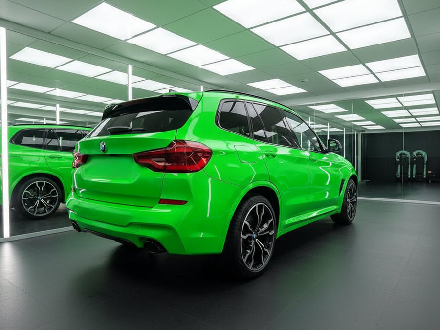 BMW X3 wrapped in Gloss HX20000 Fluorescent Green restyling film HX20612B