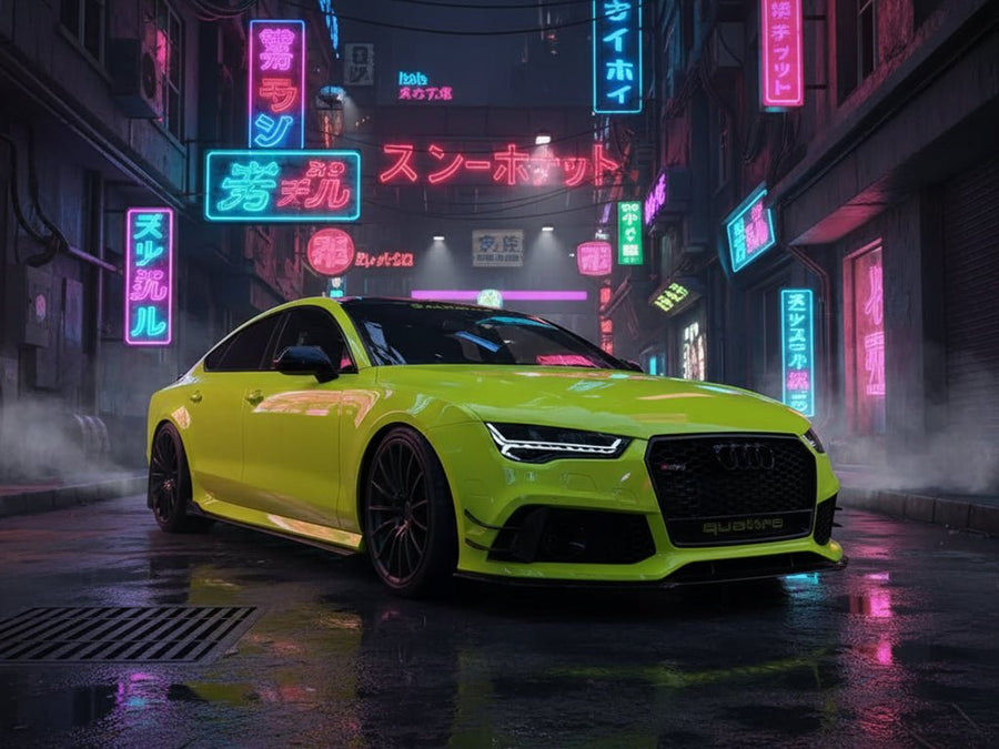 Audi RS7 wrapped in Gloss HX20000 Fluorescent Yellow restyling film HX20613B